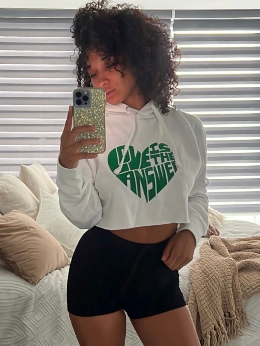 White and green crop love hoodie