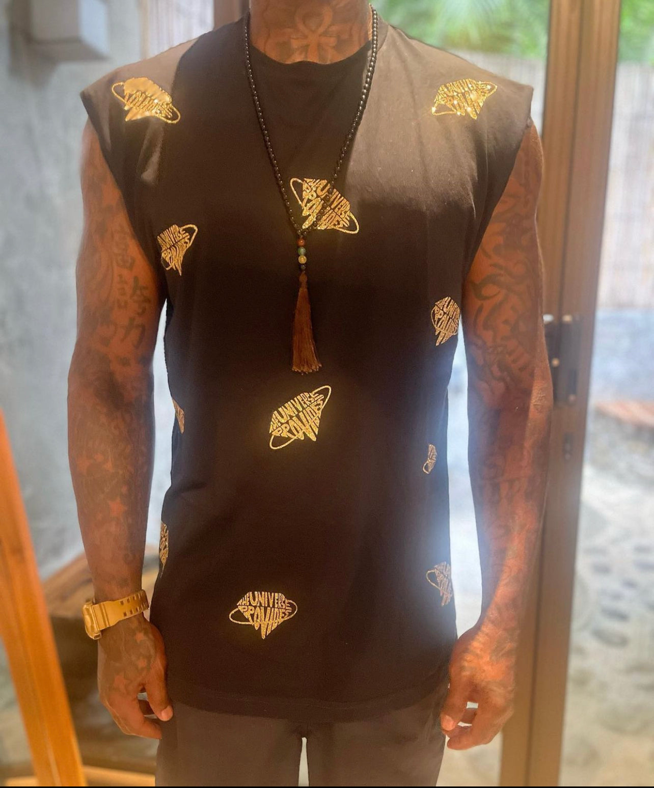 Black The universe provides all over print cut off shirt gold collection