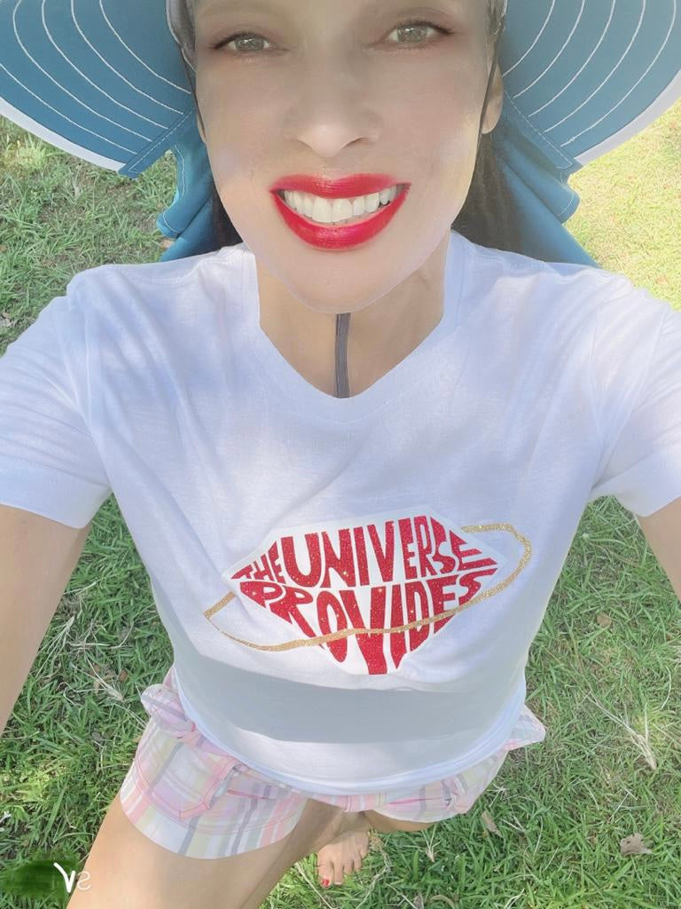 White The universe provides tee shirt