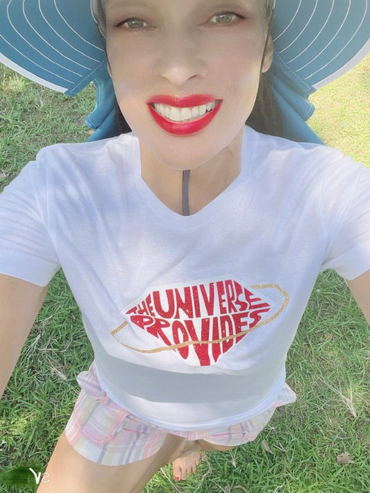 White The universe provides tee shirt