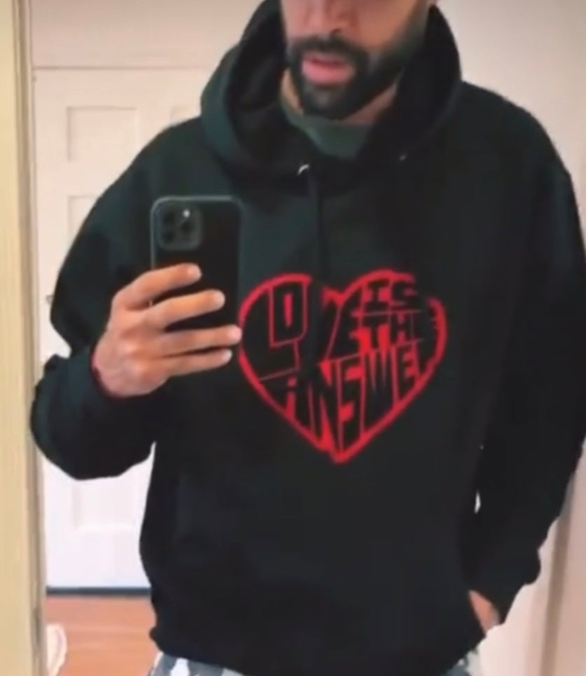 Black on black with red love hoodie