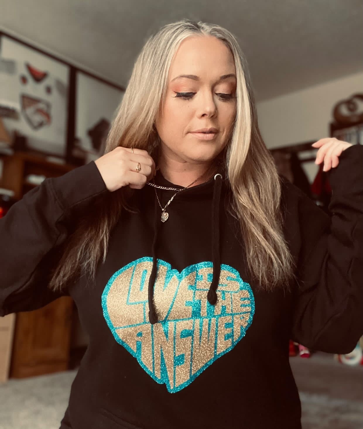 Black with Gold and blue logo love hoodie