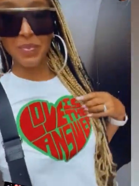 White crop tee red green Love logo
