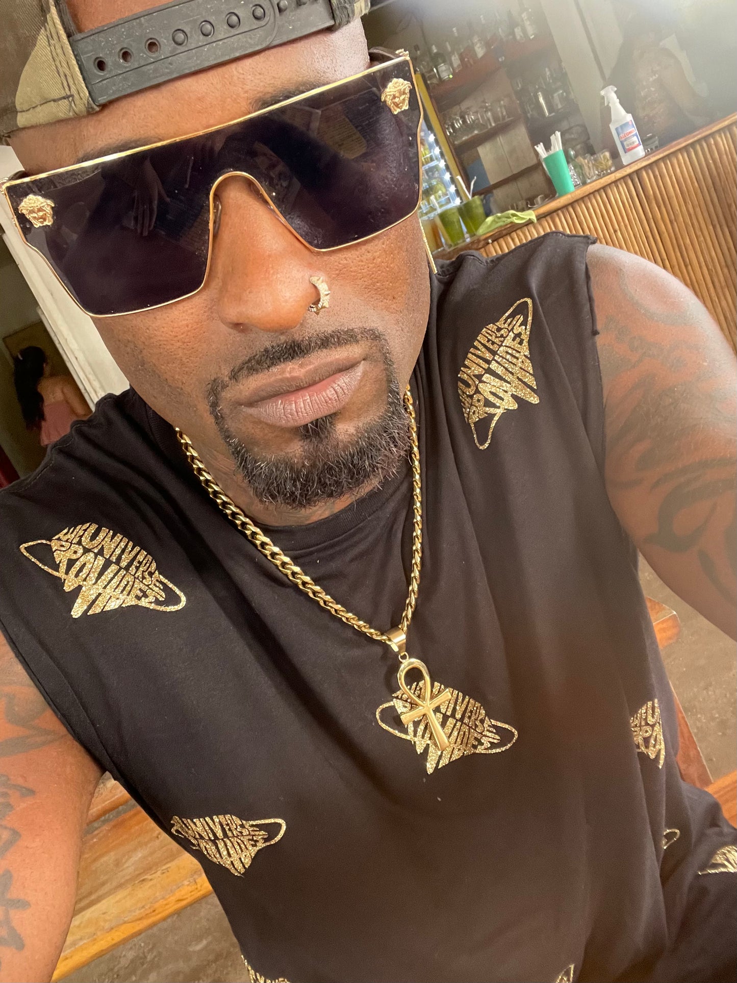 Black The universe provides all over print cut off shirt gold collection